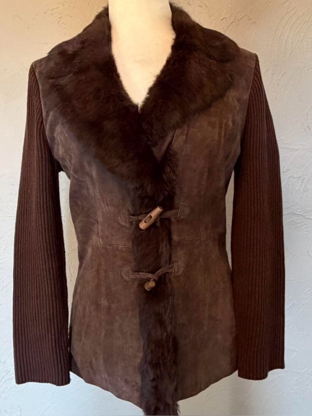 Vintage Y2K 90s Nygard Collection leather suede rabbit fur collar jacket sweater